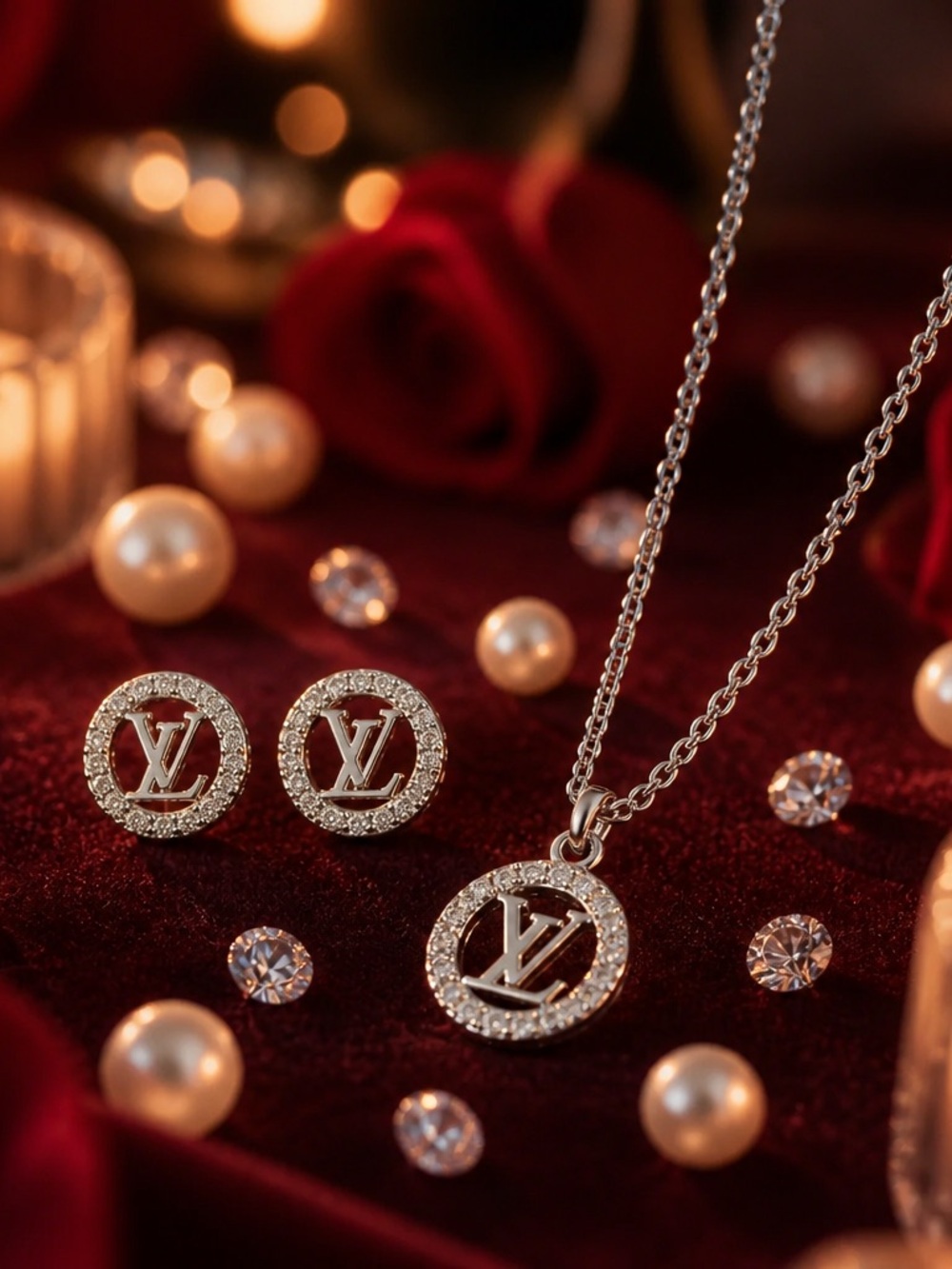 Fashion Jewelry Silver Crystal LV Logo Necklace and Earring Set